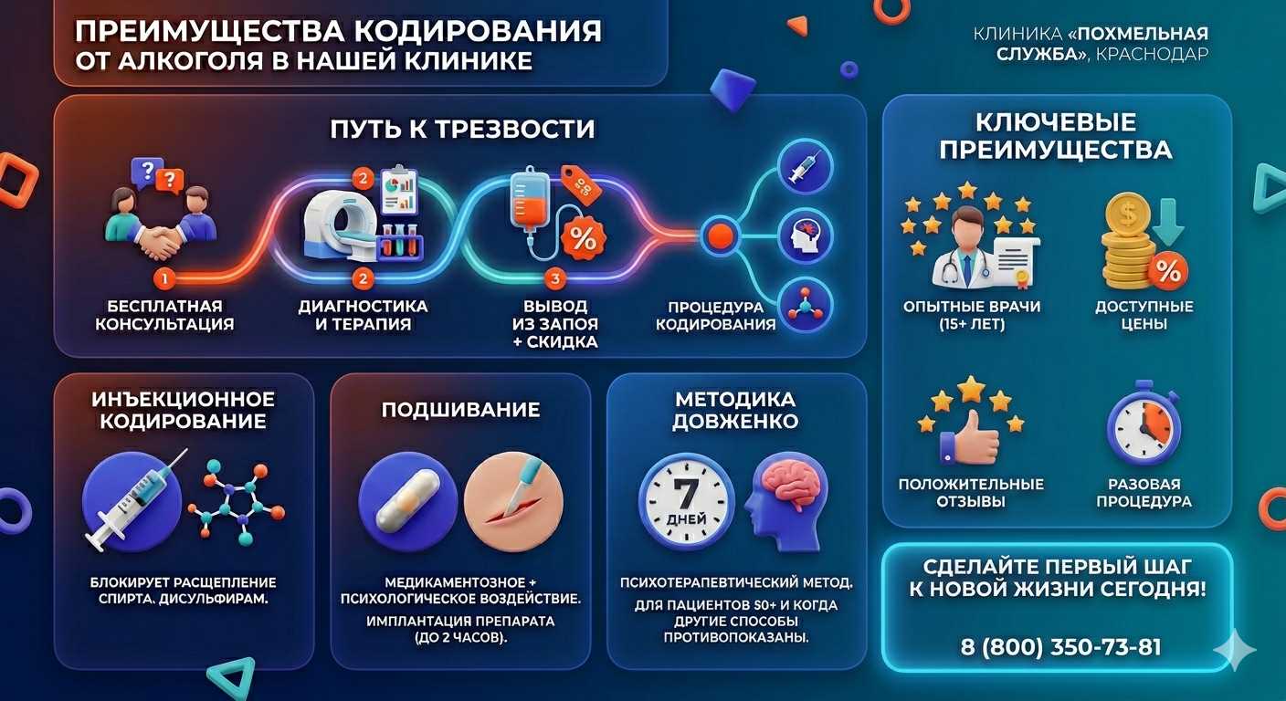 Инфографика о методах кодирования от алкоголя в Киренске: инъекции, подшивание, метод Довженко. Преимущества клиники и этапы лечения.