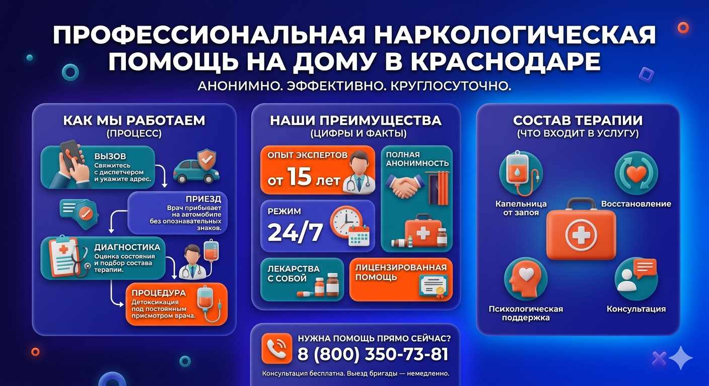 Инфографика о принципах лечения алкоголизма на дому в Киренске: этапы вызова нарколога, преимущества анонимной детоксикации и состав медицинской помощи.